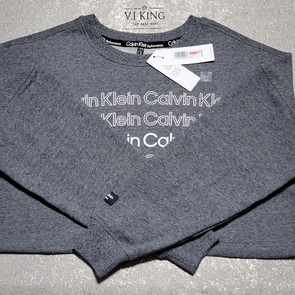 NEW Calvin Klein Performance Women's XS Bold Outline LogoCropped Grey Sweatshirt